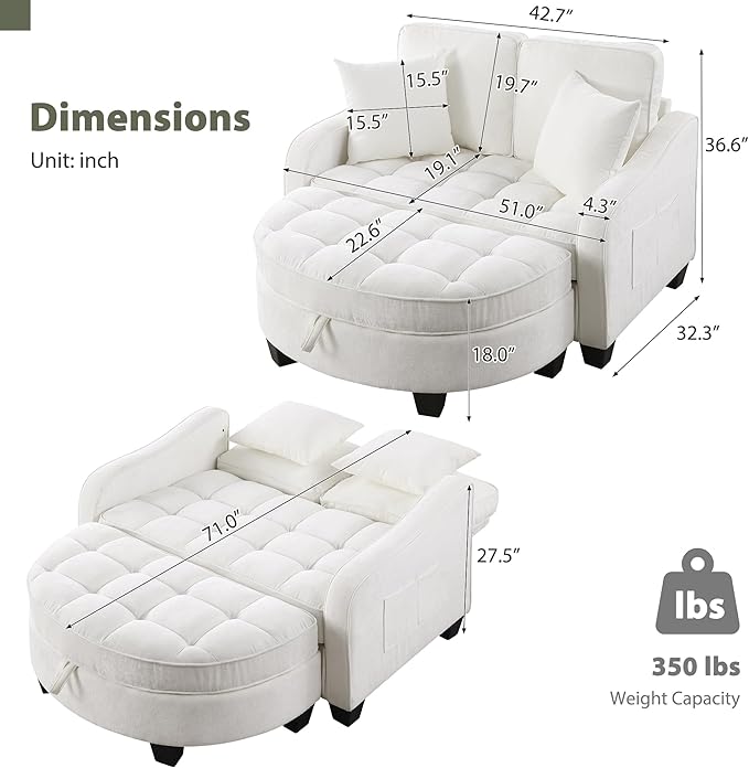 Round Chaise Lounge Chair with Storage Ottoman, Oversized Bubble Chair and a Half Featuring Adjustable Backrest, Plush Reading Accent Chair and Ottoman Set for Bedroom, Light Beige