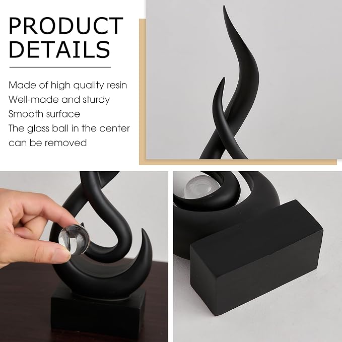 FJS Black Flame Statue, 11.8" Abstract Resin Sculpture for Modern Home Decor, Minimalist Art Figurine for Shelf Coffee Table Centerpiece