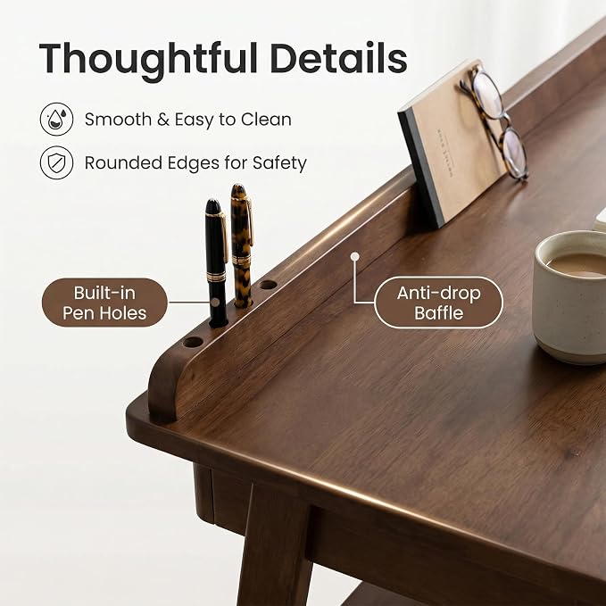 Solid Wood Writing Desk, Mid-Century Modern Home Office Desk with 2 Drawers Storage Shelf & Side Hooks, Compact Study Desk for Small Spaces in Bedroom Office (Walnut)