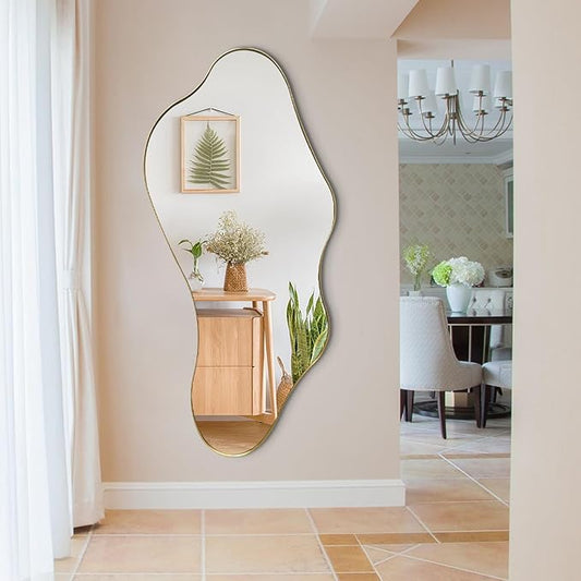 Large Irregular Mirror, 55"x25.6" Asymmetrical Mirrors with Gold Metal Frame, Modern Unique Shaped Abstract Mirror for Living Room Bathroom Bedroom Entryway, Hangs Horizontal Or Vertical