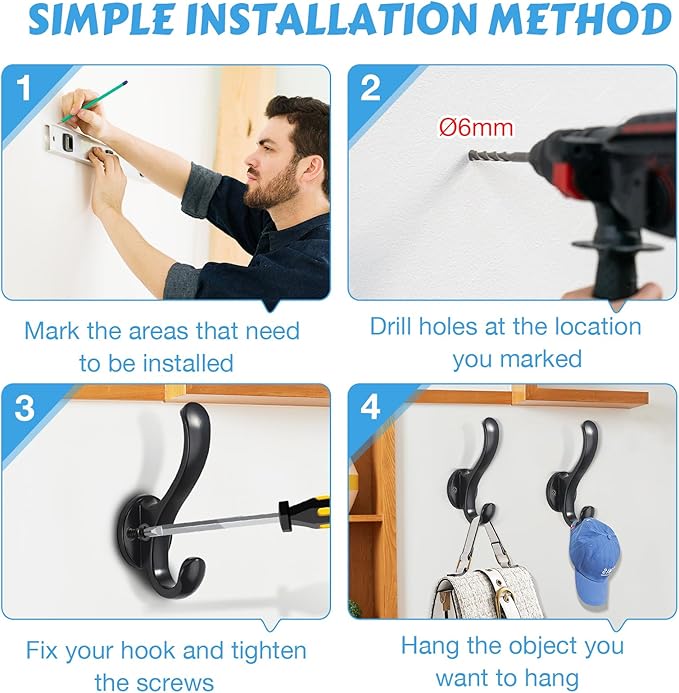 8 Pack Coat Hooks Wall Mount Heavy Duty Utility Retro Double Hooks for Hanging Coats,Hat, Towel, Key, Robe, Scarf, Bag, Cap (Black)