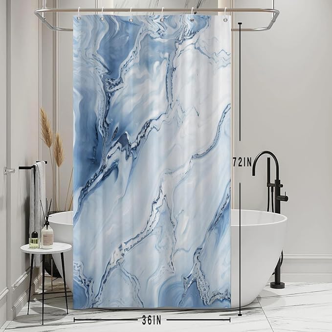 Stall Shower Curtain, Blue Marble Small Shower Curtain Modern Waterproof Narrow Shower Curtain Set with Hooks, 36x72 Inch