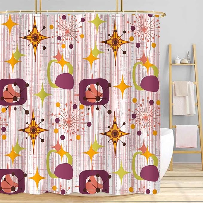 Mid Century Shower Curtain, 72x78inch, Modern Abstract Retro Red Striped Geometric Shower Curtain Sets 1950s Boho Bathroom Shower Curtain with 12 Hooks