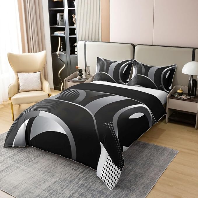 Erosebridal Gray Black White Spiral Bedding Set Queen Swirls Stripes Geometric 100% Cotton Duvet Cover Minimalists Boho Comforter Cover for Kids Teens Adults Graffiti Art Lines Bed Set 3 Pcs