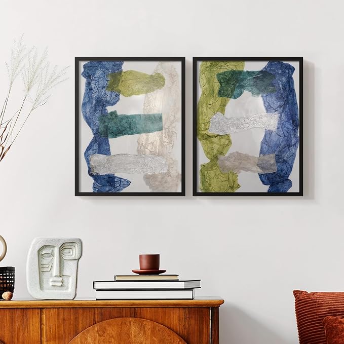 Renditions Gallery Set of 2 Peel & Stick Framed Prints, Elegant Abstract Wall Art, Dyed Cloth Texture Wall Decor, Re-Stickable - Ready to Hang - 11"x14" - Black Frame LT588