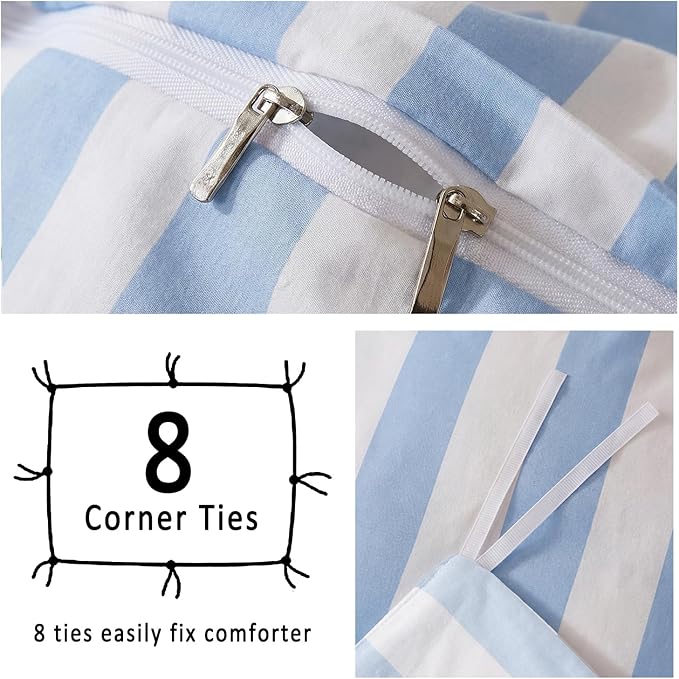 Merryword Blue and White Striped Duvet Cover Set Queen Size, 100% Cotton Bedding Set with Zipper Closure & 8 Corner Ties, Luxury Linen Like Bedding, Soft Breathable Comforter Cover for All Seasons