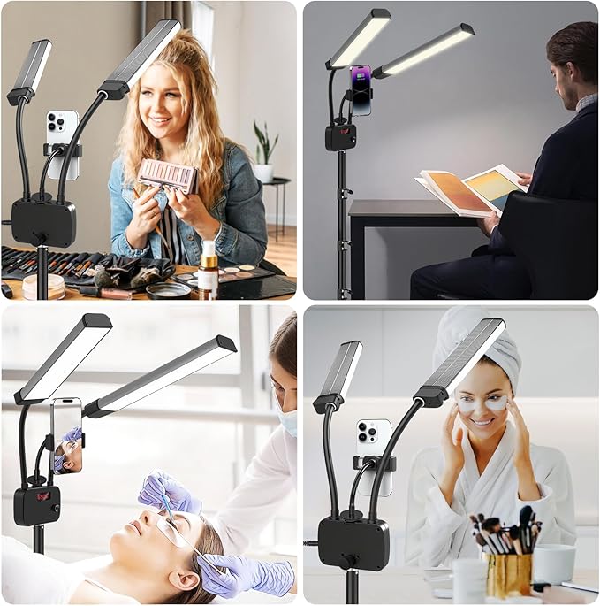 Selfie Light with 75'' Tripod Stand, Dimmable 3 Color LED Dual Arms Ring Light with Phone Holder & Carry Bag for Lash Tattoo Video Photography 45W 95CRI Tripod Floor Lamp