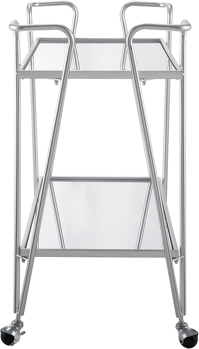 Linon Gina Silver Mid Century Bar Cart with Mirrored Shelves on Locking Castors