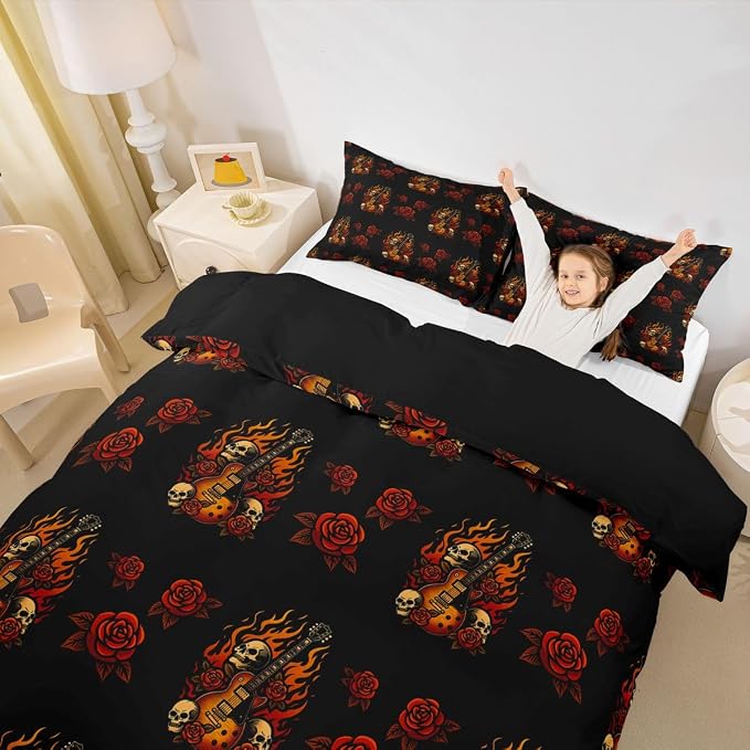 Erosebridal Guitar Rose Bedding Set Full for Adults Women - Cool Skeleton Flame Duvet Cover Punk Rock Music Comforter Cover,Floral Gothic Skull Print Bed Set