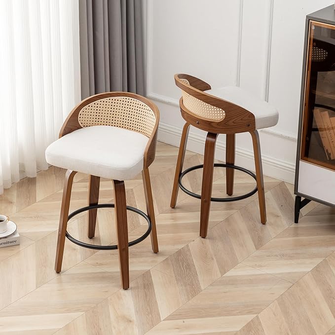 26" Swivel Rattan Bar Stools Set of 2,Mid-Century Modern Beige Faux Leather Upholstered Counter Height Stools,Kitchen Island Barstool with Rattan Low Backrest,Walnut Wood Finish Bar Chairs