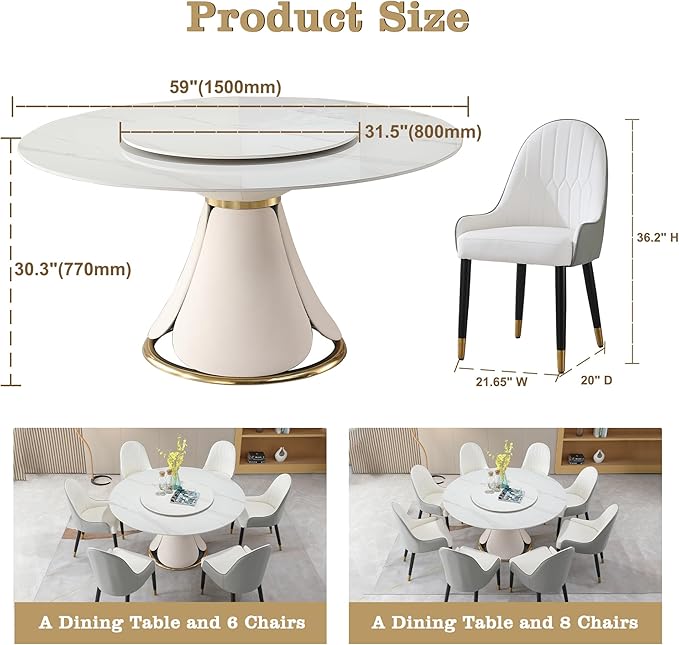 Round Marble Dining Table Set for 6-8, Kitchen Table Dining Room Table Set Petal Pu Leather & Metal Base (1 Table and 8 Grey Chairs)