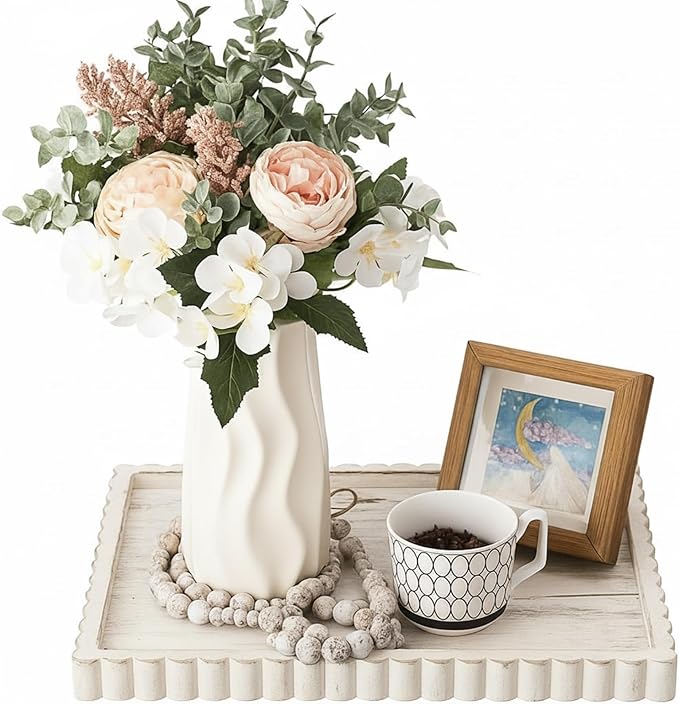 Lounsweer Wood Decorative Tray for Home Decor, 14'' x 10'' Wooden Serving Tray for Coffee Table Centerpiece Dining Kitchen Island Decoration Bathroom Counter Display (White Color,Pine)