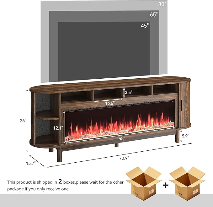 70 Inch Modern Fireplace TV Stand for TVs up to 80 inches, Mid Century TV Console with Solid Wood Legs, Sliding Doors & Curved Design,Media Console for Living Room, Brown