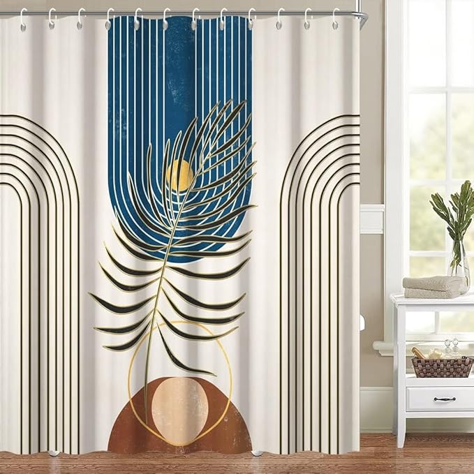 Mid Century Boho Shower Curtain for Bathroom Modern Abstract Minimalist Bathroom Decor Set Plant Leaves Arch Sun Bathtub Curtains Machine Washable Waterproof Polyester Fabric with Hooks 72x96 Inch