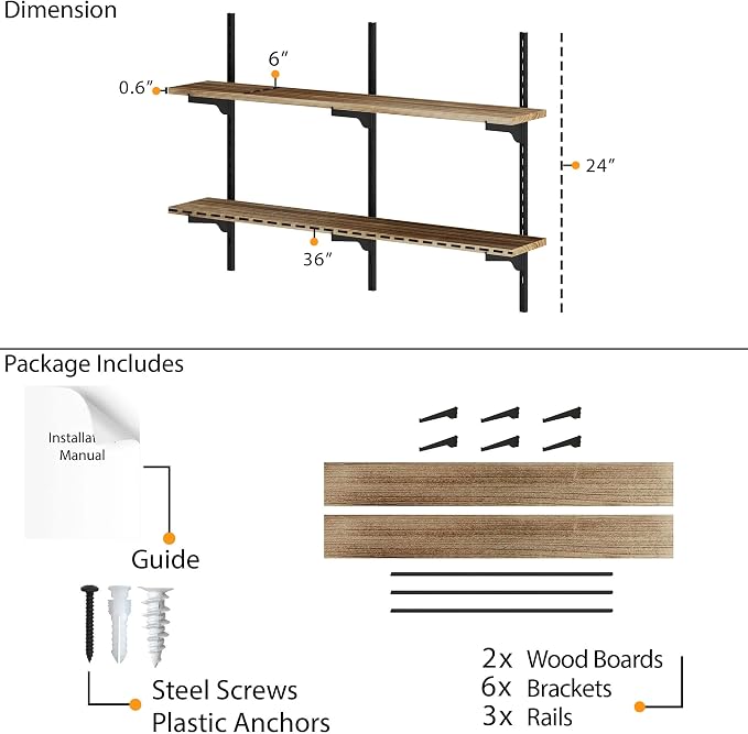 Wallniture Turin 36 inch Wooden Wall Shelf Unit, Height Adjustable Wall Shelves for Display, Storage, Organization and Decor, Kitchen Organizer Shelf, Floating Bookshelves for Living Room, 2 Tier