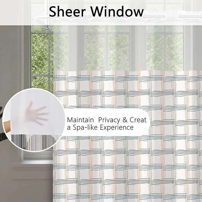 No Hook Shower Curtain with Snap in Fabric Liner - Beige & Teal Grid Pattern, Waterproof Shower Curtains and Liner Set for Modern Bathroom, See Through Top Window, 71x74 Inches