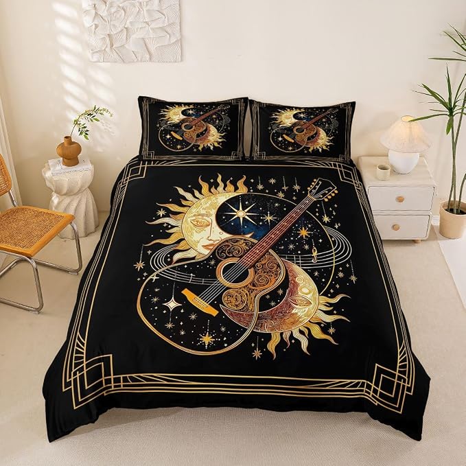 Erosebridal Boho Guitar Bedding Set King for Adults - Luxury Bohemia Sun Moon Duvet Cover Mystical Celestial Star Sky Comforter Cover,Romantic Music Guitar Bed Set