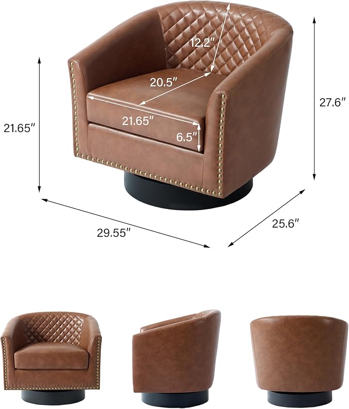 Swivel Barrel Accent Chair Set of 2, Comfy Modern Upholstered Round Faux Leather Arm Chair for Living Room, Bedroom, Brown