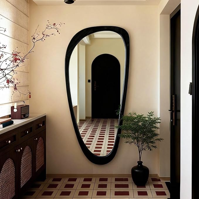 Asymmetrical Mirror, 48"x22" Irregular Mirror Full Length, Wood Wall Mirror for Bathroom Bedroom Living Room Entryway Hallway, Mid Century Modern Decor (Black)