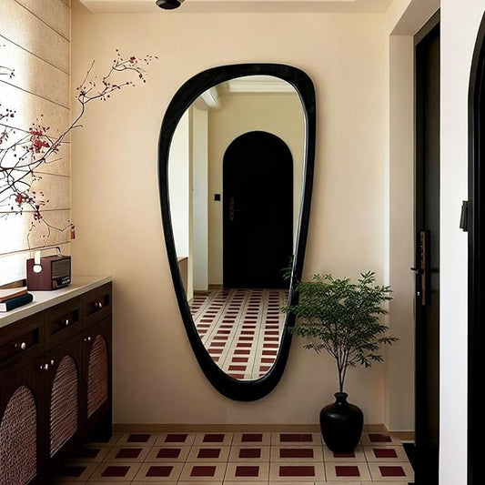Asymmetrical Mirror, 48"x22" Irregular Mirror Full Length, Wood Wall Mirror for Bathroom Bedroom Living Room Entryway Hallway, Mid Century Modern Decor (Black)