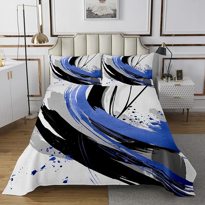 Erosebridal Black and Blue Kids Coverlet Set | Modern Geometric Striped Quilt Set for Boys Girls Contemporary Watercolor Graffiti Bedspread Sets Boho Minimalist Aesthetic Art Quilts King 3 Pieces
