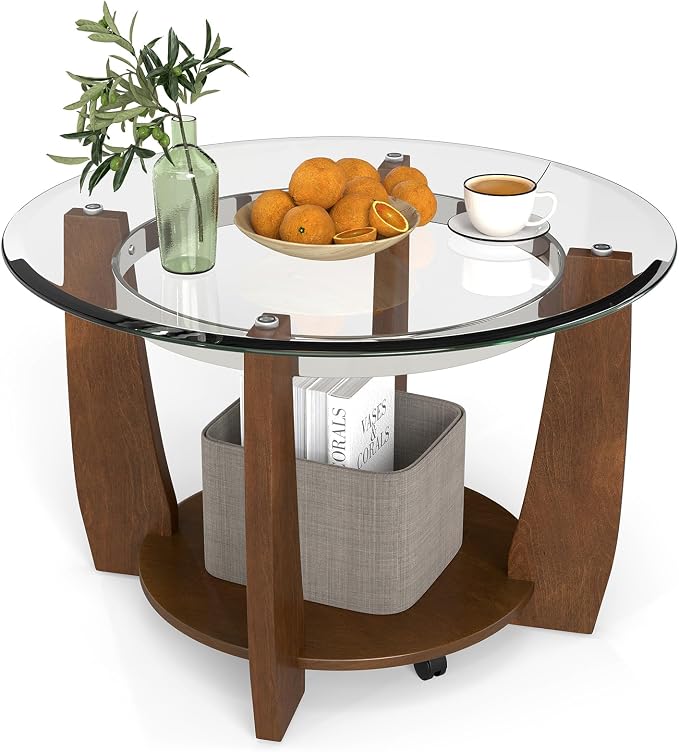 GOFLAME Glass Coffee Table with Storage, 32” Rolling Round Center Table with Tempered Glass Top, Solid Rubber Wood Legs, Wheels, Mid-Century Modern, 2-Tier Circle Tea Tables for Living Room (Walnut)