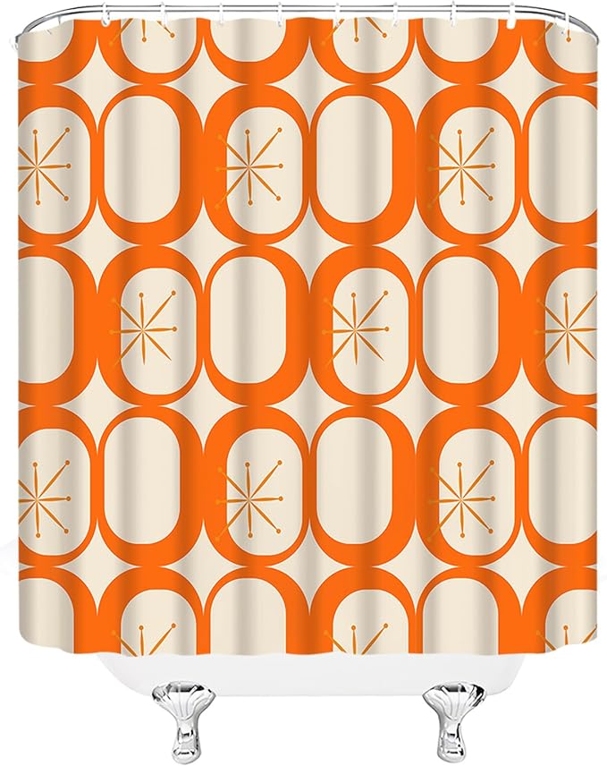 Mid Century Modern Extra Long Shower Curtain Abstract Atomic Geometric Round Squares Retro 50s Orange Fabic with Hooks for Bathroom Decor,70x78 Inch