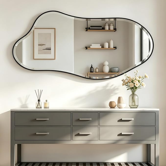 POZINO Irregular Beveled Mirror, 53"x26.5" Large Organic Shape Mirror with Black Metal Frame, Asymmetrical Decorative Wall Mirrors for Entryway Living Room Bedroom, Horizontal/Vertical Hanging