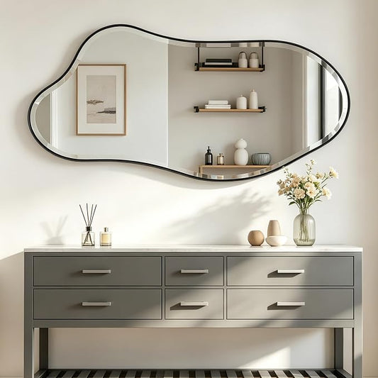 POZINO Irregular Beveled Mirror, 53"x26.5" Large Organic Shape Mirror with Black Metal Frame, Asymmetrical Decorative Wall Mirrors for Entryway Living Room Bedroom, Horizontal/Vertical Hanging
