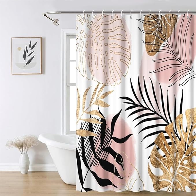 Modern Boho Shower Curtain Pink Gold Palm Leaves Abstract Aesthetic Bathroom Decor Gorgeous Watercolor Botanical Theme Bohemian Bath Curtains Washable Waterproof Polyester Fabric with Hooks 72x78 Inch