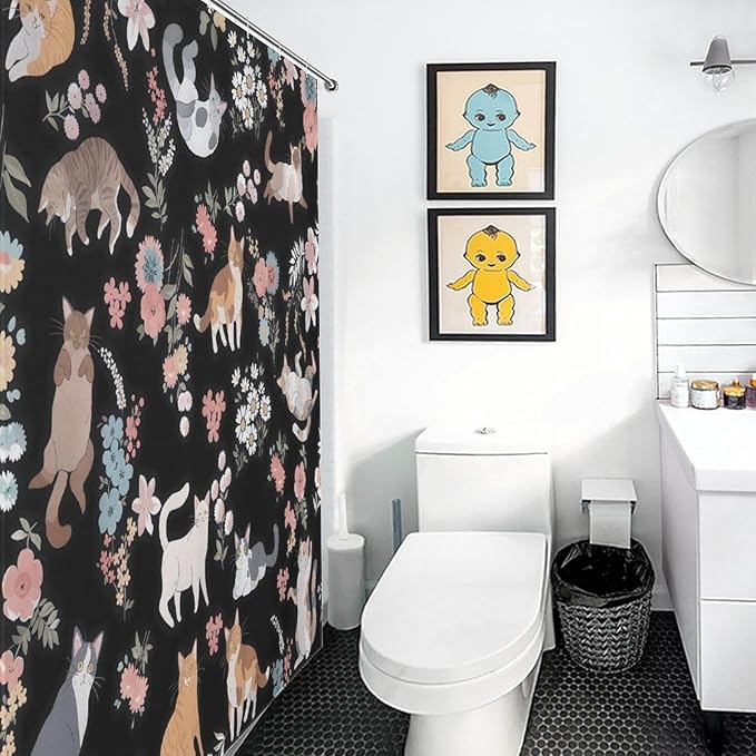 Cat Shower Curtain,Watercolor Black Floral Garden Funny Animals Bathroom Curtain Polyester Waterproof Fabric Decor 66x72in（168x183cm）