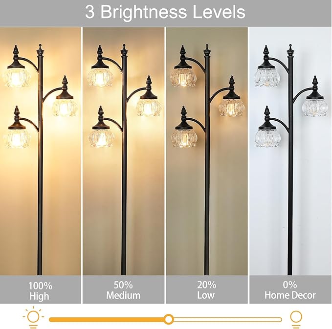 JUNNAI Black Standing Lamps for Living Room 66.5in Floor Lamps with Glass Shade 3 Way Brightness Lights Dimmable Modern Corner Lamp for Bedroom Office(3LED Bulbs Included)