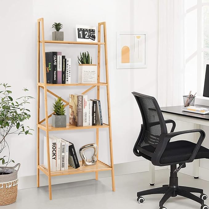 Giantex 4-Tier Bamboo Bookshelf, Multifunctional Storage Display Rack Shelves with Anti-Tipping Device, Natural Bamboo Ladder Shelf for Home Office Kitchen Bathroom