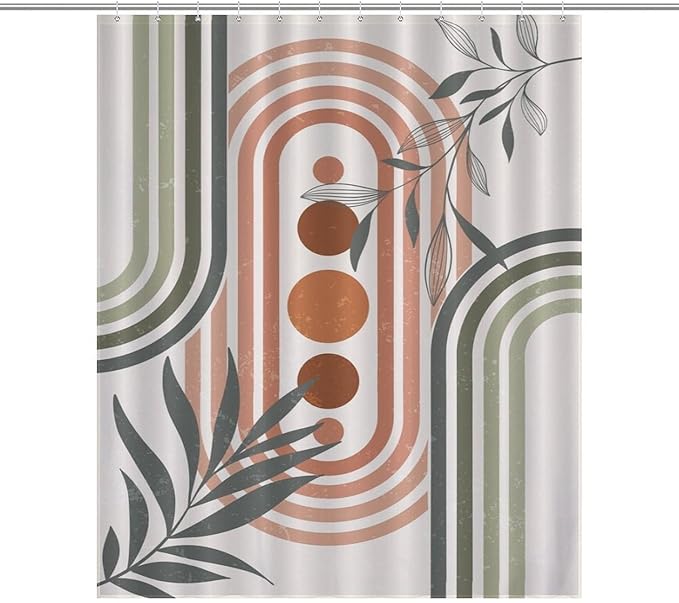 Mid Century Boho Sage Shower Curtain, Abstract Bohemian Mid Century Plant Leaf Rainbow Dots Washable Waterproof Fabric for Bathroom Decor Bathtub with 12 Hooks 55x72in（140x183cm）