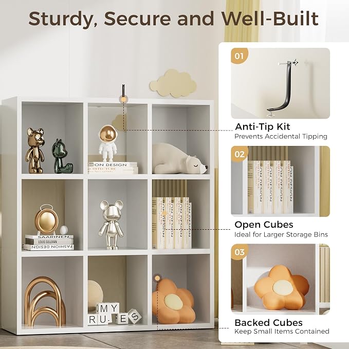 COMHOMA 9 Wood Cube Storage Organizer with Open Back and Removable Back Panels, 11In White Cube Storage Bookshelf, Cubicle Shelf Bookcase for Home Office Bedroom Living Room, Vertical or Horizontal