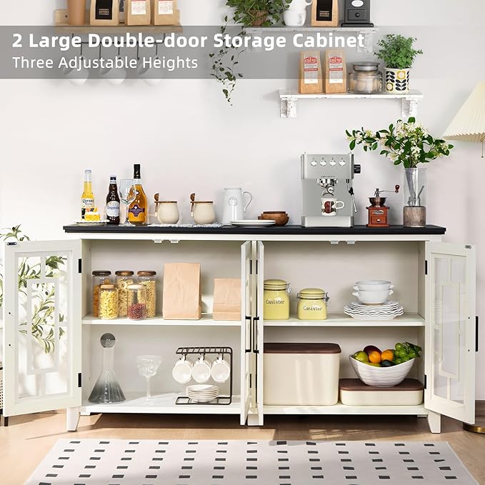Large Sideboard Buffet Cabinet with Storage, 63" Farmhouse White Kitchen Coffee Wine Bar Cabinet with 4 Glass Doors, Wood Mid Century Modern Side Board Table for Dining Room, Living Room