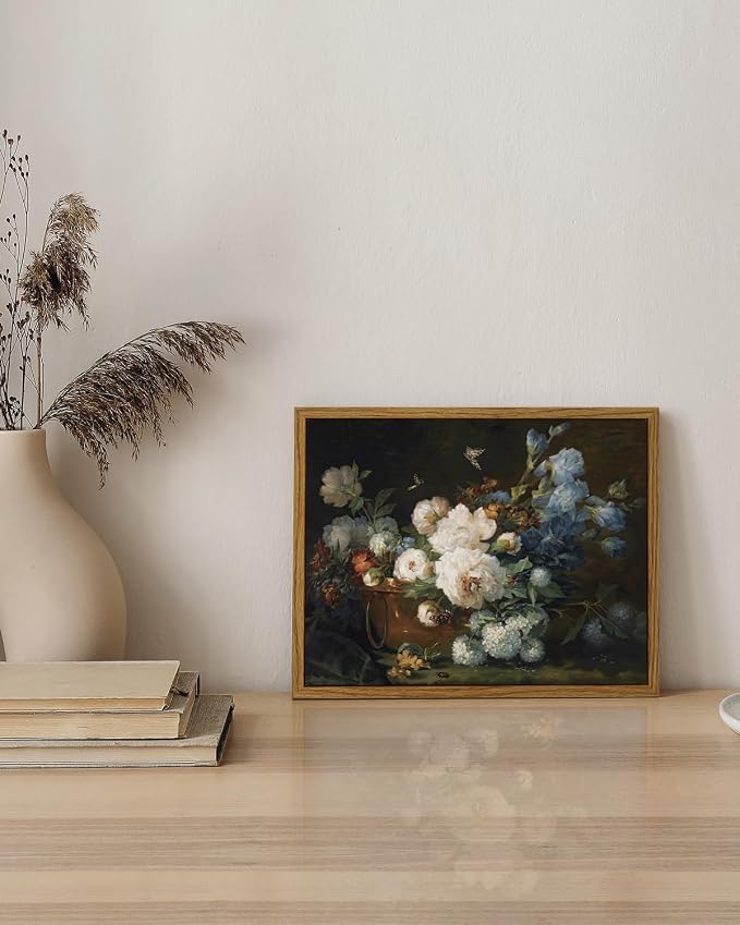 ARPEOTCY Vintage Framed Canvas Wall Art, Bathroom Hydrangea Peonies Floral Pictures Retro Wall Prints Decor, Bedroom Living Room Flower Paintings Farmhouse Moody Decor, 8x10 Inch