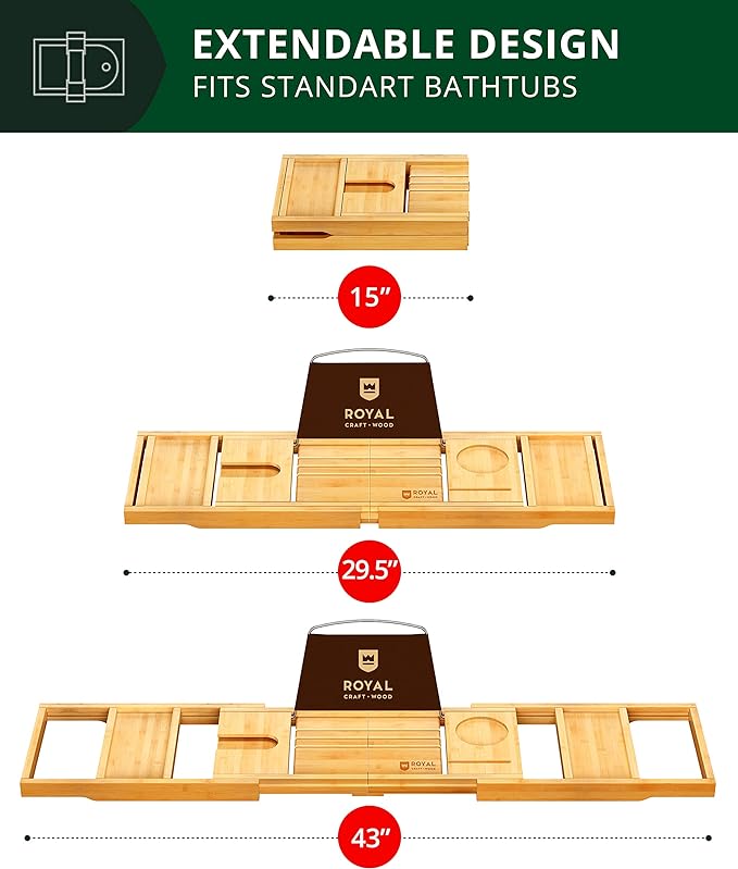 ROYAL CRAFT WOOD Bathtub Tray Caddy for Tub, Bamboo Bath Shelf, Premium Foldable Wood Bath Table, Expandable Bathtub & Bathroom Accessories, New Home Gifts for Mom, Housewarming, Anniversary, Wedding