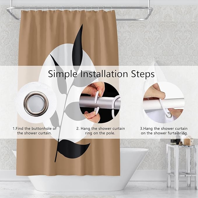 Abstract Bohemian Bathroom Shower Curtain - White Circle Eucalyptus Leaves Boho Tan With Hooks, Waterproof Polyester for Modern Aesthetics Home Decor, 69x70 Inch