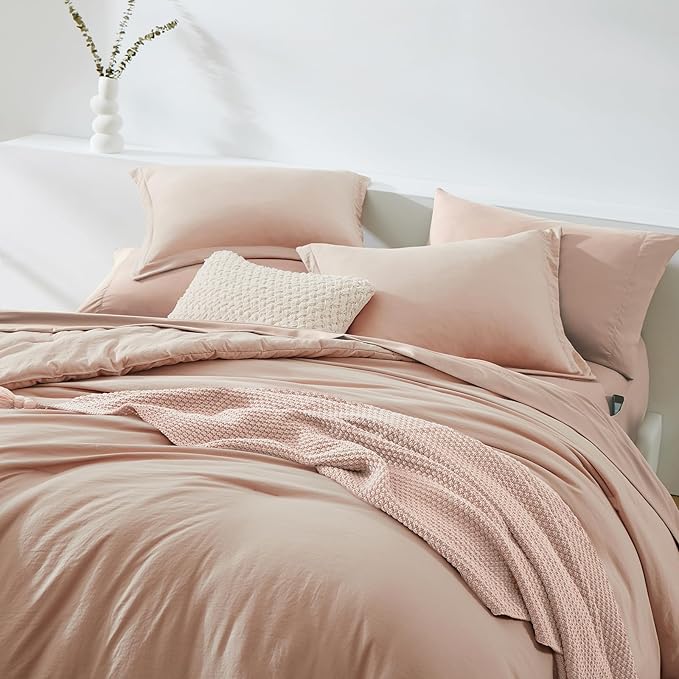 WRENSONGE Queen Comforter Set - 7 Pieces Clay Pink Soft Bed in a Bag Queen with Fitted Sheet, Flat Sheet, 2 Pillow Shams, and 2 Pillowcases- Warm Bedding Sets for All Season