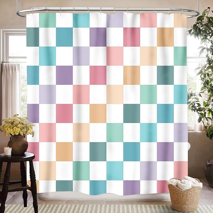 70s Checkered Shower Curtain for Bathroom, Retro Vintage Hippie Groovy Checkboard Colorful Pink Abstract Modern Cute Bright Funky Waterproof Fabric Shower Curtain Set with Hooks, 72"x78"