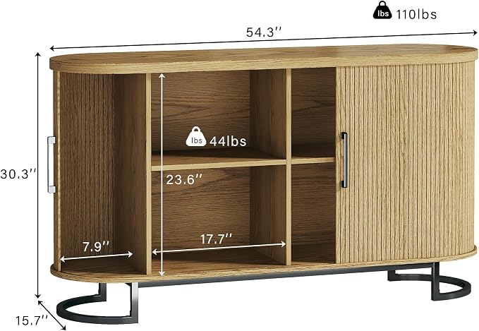 HUAHUU Sideboard Buffet Cabinet with Storage, 54.3" Fluted Tambour, Adjustable Shelves, Mid Century Modern Console for Living Room Kitchen