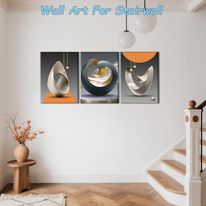 Pennimor 3 Piece Framed Abstract Wall Art, Geometric Wood Canvas Wall Decor, Modern Minimalist Bright Style Artwork Printing for Bathroom Bedroom Living Room Home Office Farmhouse 16x24in