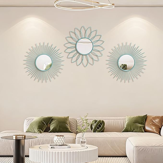 3 Pack Metal Mirrors for Wall Sunburst Wall Mirrors Home Décor Decorative Hanging Wall Art for Living Room Bedroom Entryway (Blue, Flower+Sunburst)