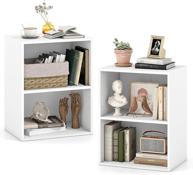 Giantex Bookshelf and Bookcase Set of 2, 2-Layer White Storage Shelf W/Large-Capacity Open Storage Space for Living Room Bedroom Study Office Multi-Functional Furniture Display Cabinet