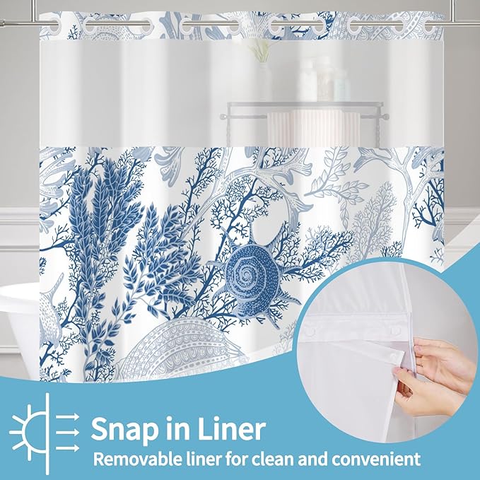 No Hook Shower Curtain with Snap in Fabric Liner Set Nautical Coastal Seashell Coral Beach Ocean Shower Curtains for Bathroom Waterproof Polyester No Hook Home Decorations 71x74in