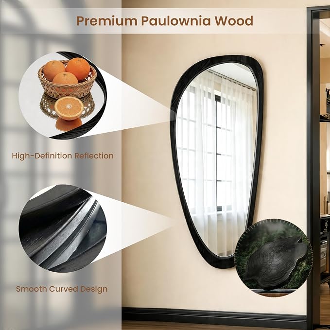 48" x 22" Asymmetrical Wall Mirror with Black Wood Frame, Irregular Decorative Mirror for Living Room Entryway Bedroom, Large Wall Mirror, HD Tempered Glass, Horizontal or Vertical Hanging