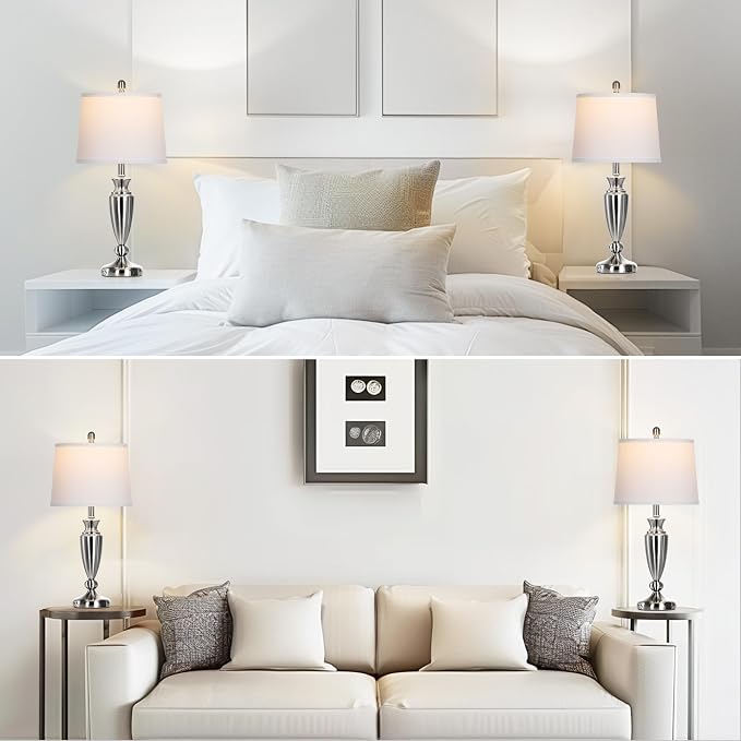 Rinweey Metal Table Lamps Set of 2, 3 Way Touch Control Silver Bedside Lamps with USB A+C Ports, Modern Brushed Nickel Nightstand Lamps for Bedroom Living Room