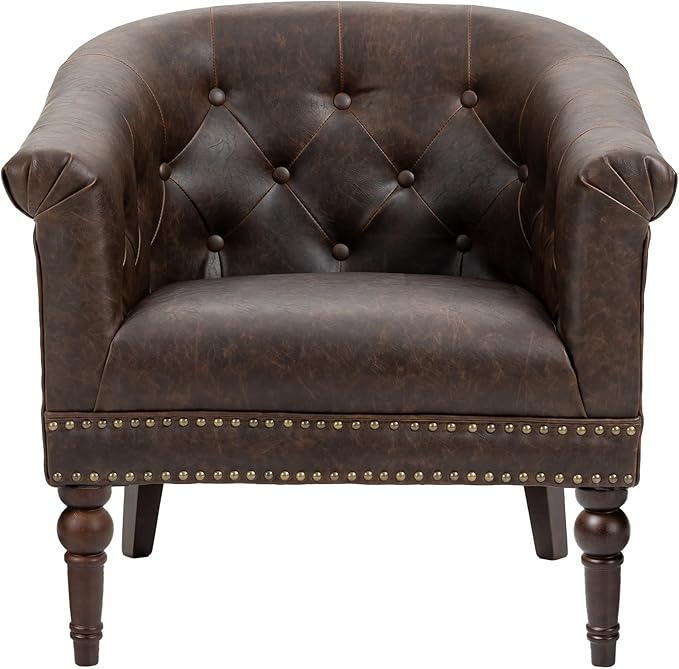 UIXE PU Leather Accent Chair, Barrel Club Chair Modern Upholstered Armchair for Living Room, Comfy Nailed Trim Arm Chair Bedroom Reading Seat, Chocolate