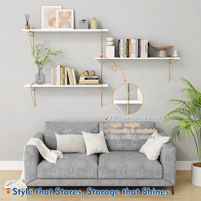 Harwaya White and Gold Floating Shelves 36 Inch Long, Wall Shelves for Bedroom Books, Modern Wall Hanging Bookshelf Unit for Living Room Office Kitchen Bathroom Decor - Set of 3